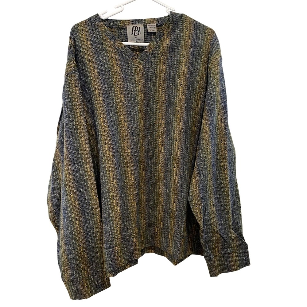 Vintage JBH Jhane Barnes Mens XL V-Neck Sweater Textured Vertical Stripe Green